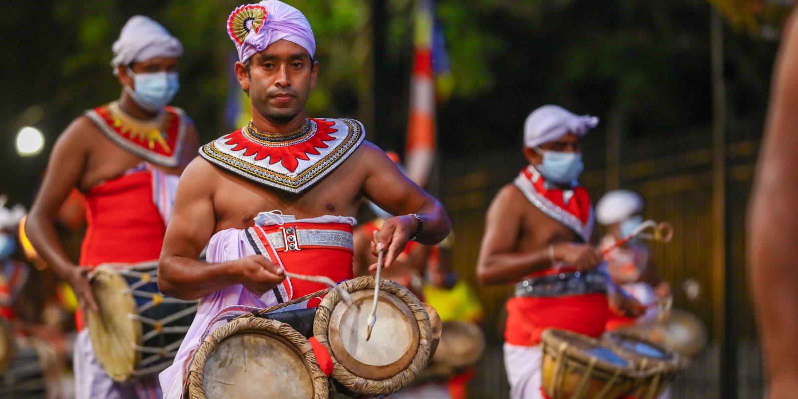 Traditional drummers performing during Kandy Esala Perahera